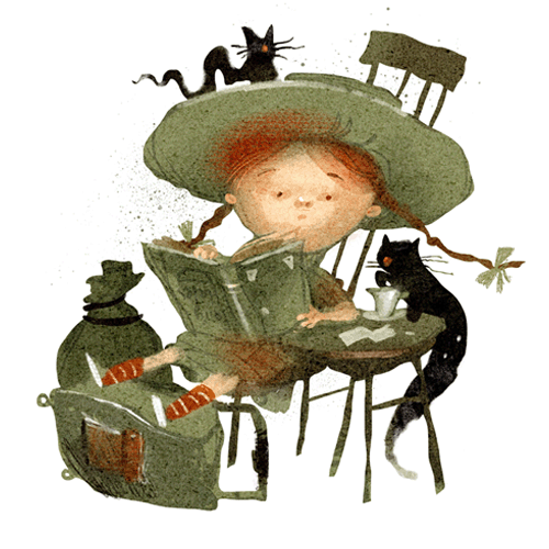Girl reading with cats